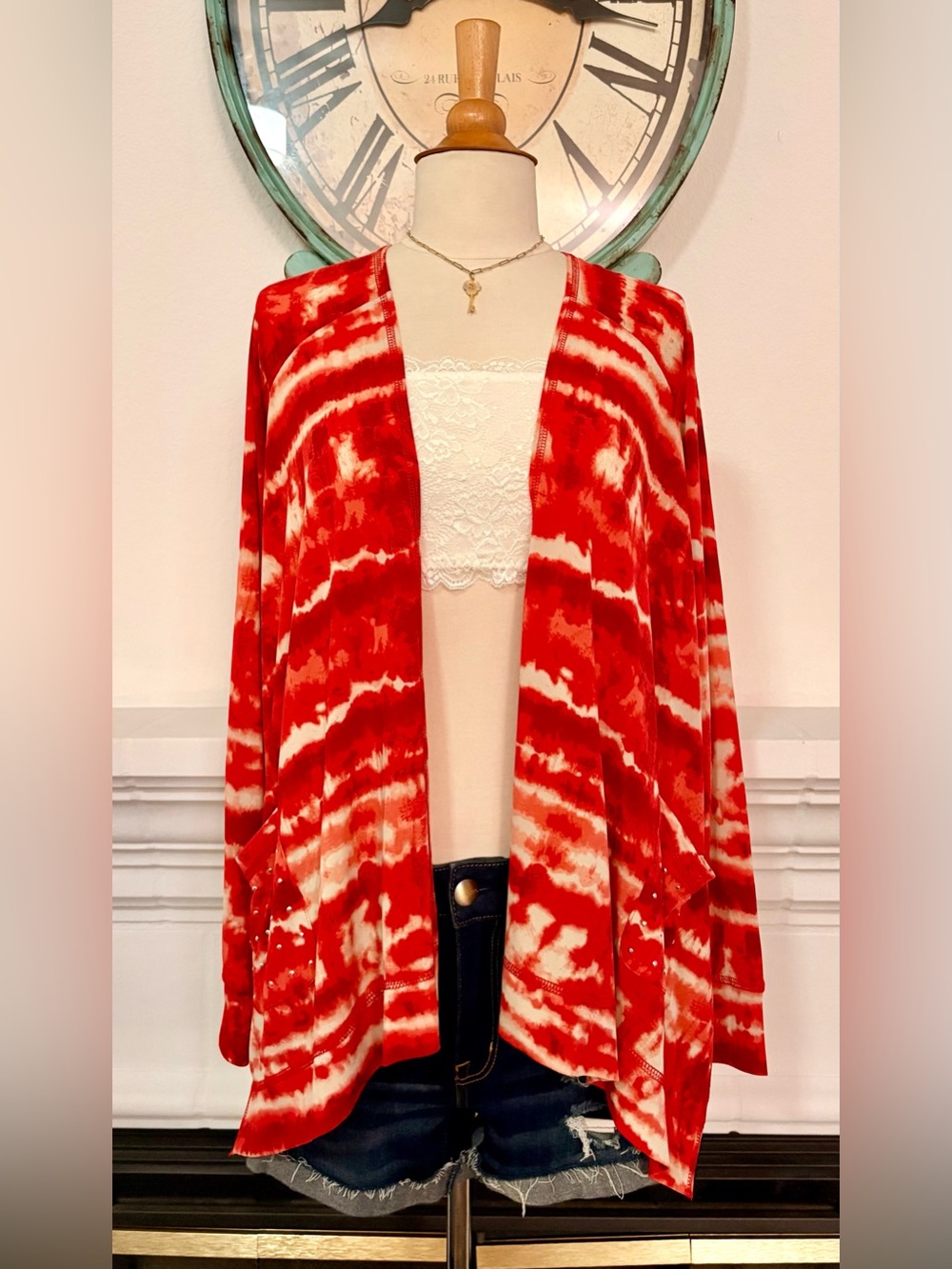 Onque Casuals Red and Cream Tie-Dye Open Front Cardigan